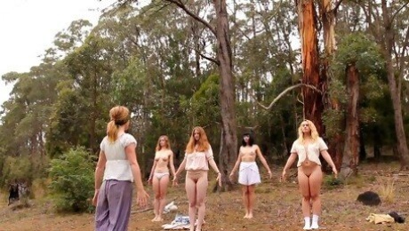 Sweet babes take off their panties for outdoors yoga session