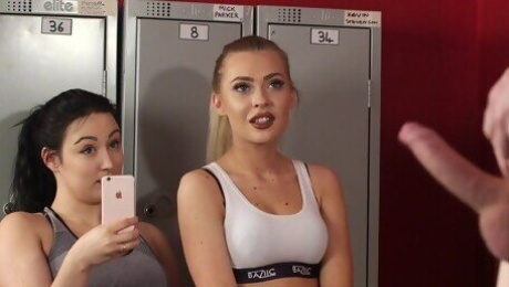 Jerk off at the lockers with two bitches watching