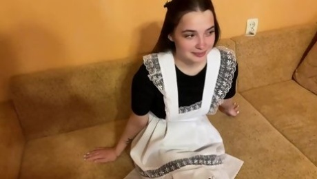 Shy Russian schoolgirl tries to swallow BF's dick and takes it in doggy pose