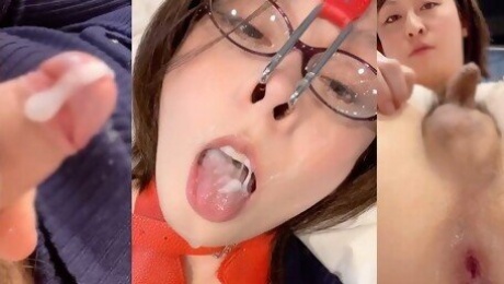 Japanese t-girl gets so excited when she puts on a nose hook that a lot of semen comes out