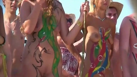 Beauty Women Body Paint Festival In Nudist Beach Voyeur